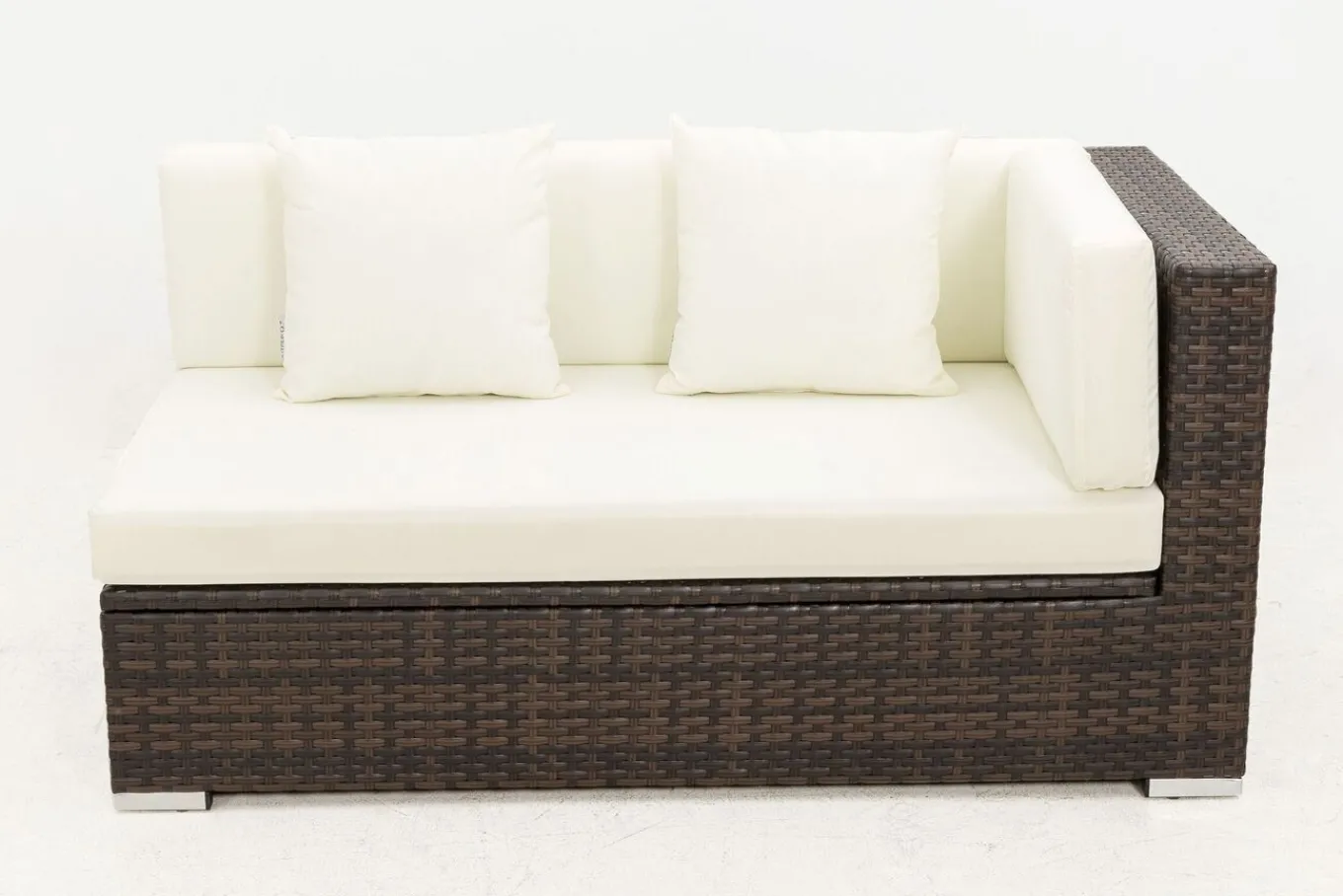 Discount 2-Sitzer Ecksofa, braun marmoriert, Polyrattan, 145 x 85 x 70 cm, wasserfeste Kissenbox, Armlehne li. Polyrattan-Gartenmöbel|Gartenlounge