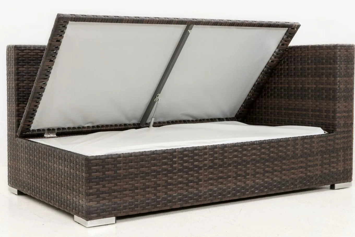 Discount 2-Sitzer Ecksofa, braun marmoriert, Polyrattan, 145 x 85 x 70 cm, wasserfeste Kissenbox, Armlehne li. Polyrattan-Gartenmöbel|Gartenlounge