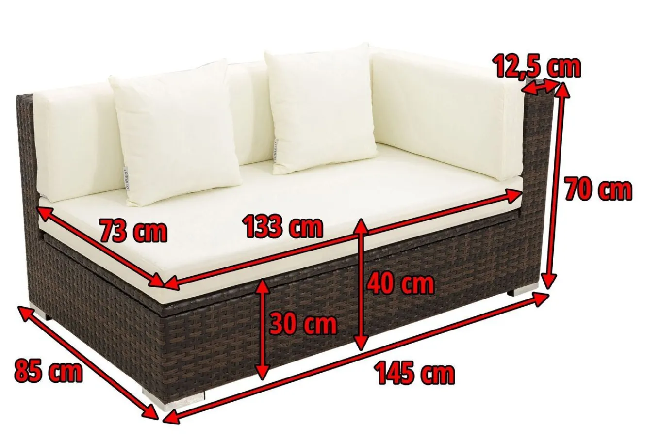 Discount 2-Sitzer Ecksofa, braun marmoriert, Polyrattan, 145 x 85 x 70 cm, wasserfeste Kissenbox, Armlehne li. Polyrattan-Gartenmöbel|Gartenlounge