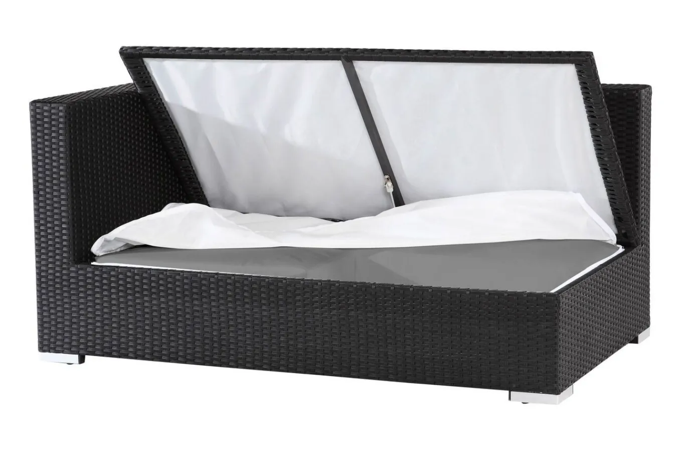 Outlet 2-Sitzer Ecksofa, creme/weiß, schwarz, Polyrattan, 145x85x70cm, Armlehne rechts, wasserfeste Kissenbox Polyrattan-Gartenmöbel|Gartenlounge