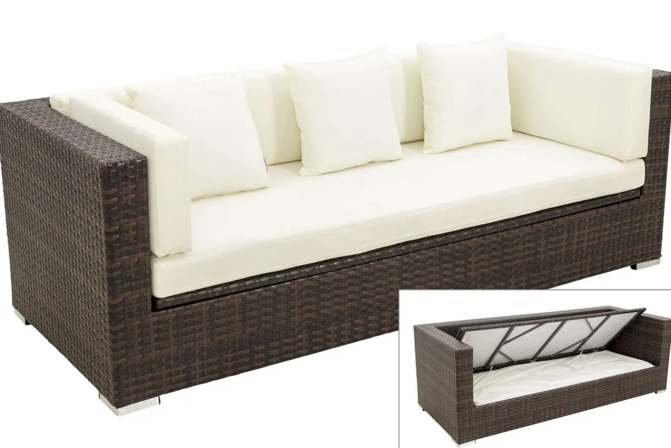 Hot 3-Sitzer Sofa, braun marmoriert, Polyrattan, 210 x 85 x 70 cm, wasserfeste Kissenbox Polyrattan-Gartenmöbel|Gartenlounge