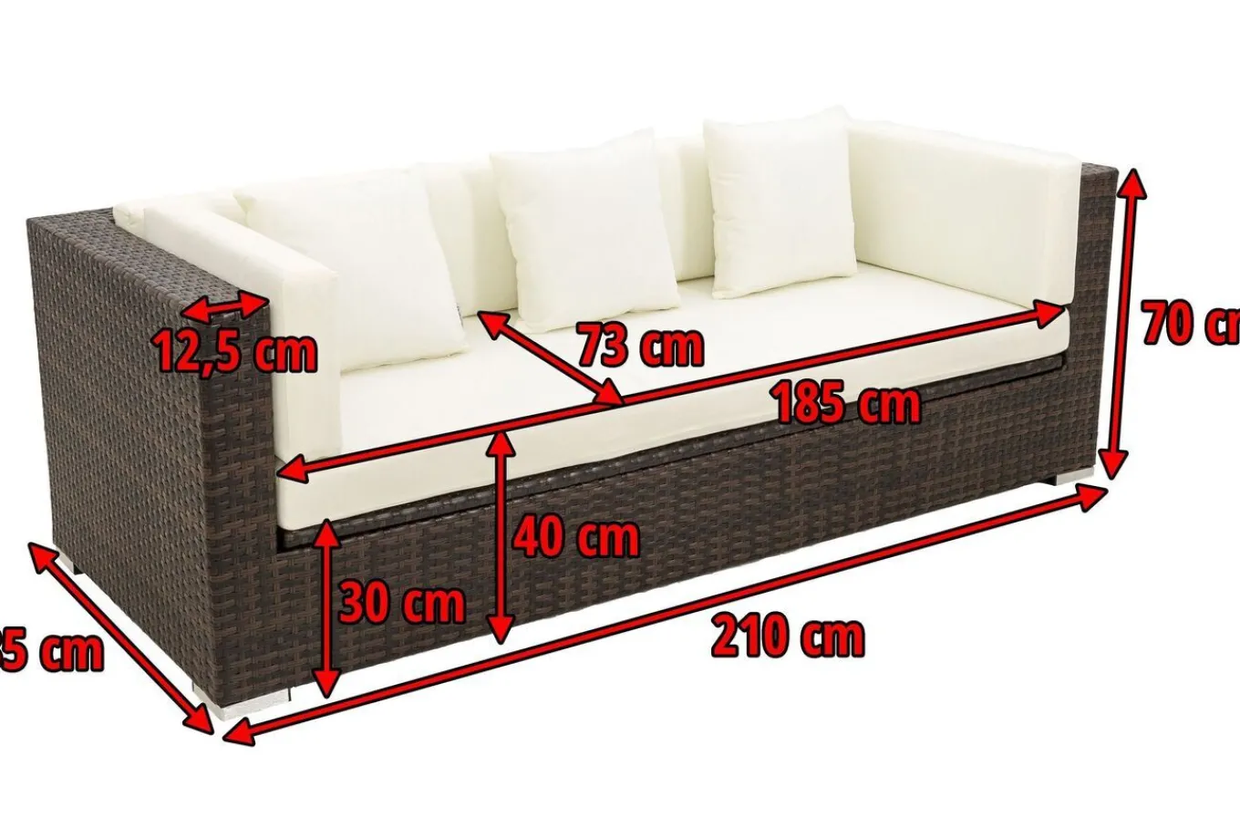 Hot 3-Sitzer Sofa, braun marmoriert, Polyrattan, 210 x 85 x 70 cm, wasserfeste Kissenbox Polyrattan-Gartenmöbel|Gartenlounge
