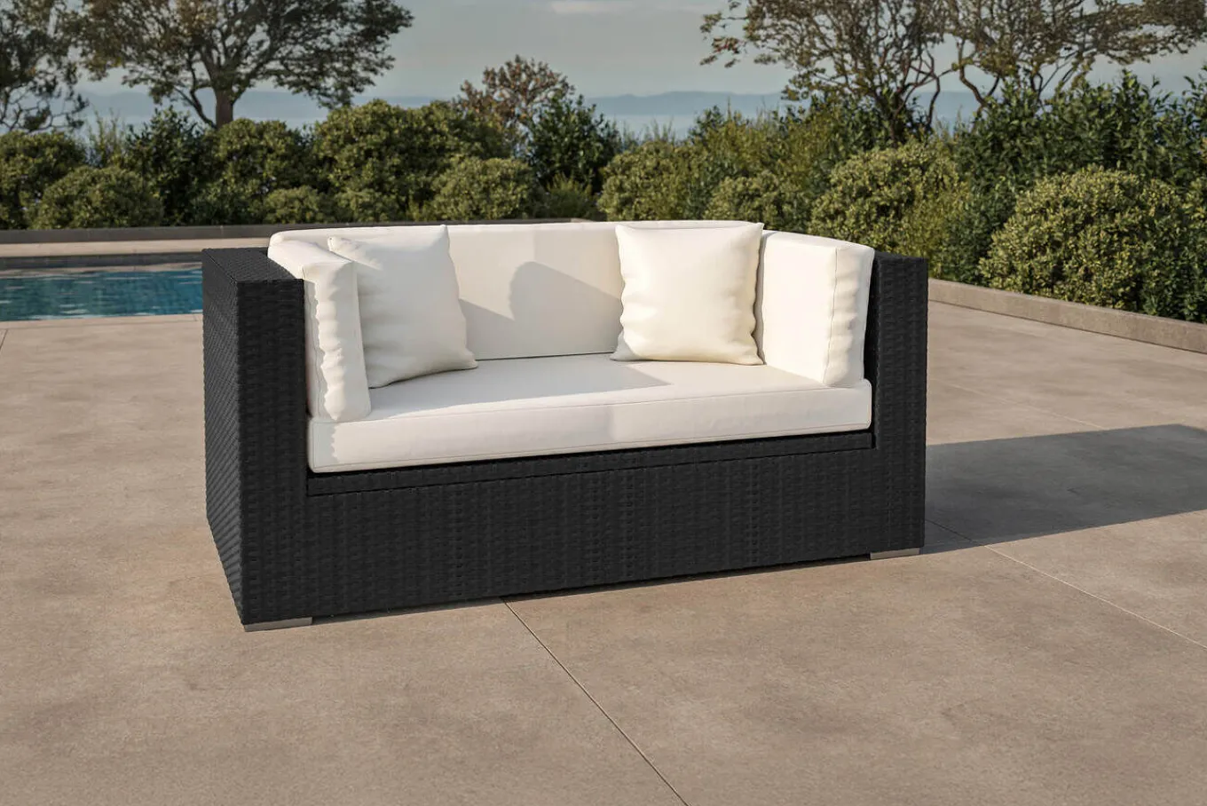 Sale 2-Sitzer Sofa, creme/weiß, schwarz, Polyrattan 152x85x70cm, inkl. Polster und wasserfeste Kissenbox Polyrattan-Gartenmöbel|Gartenlounge