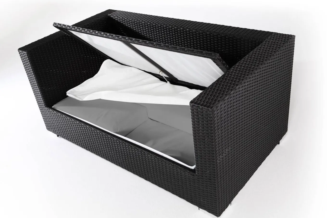 Sale 2-Sitzer Sofa, creme/weiß, schwarz, Polyrattan 152x85x70cm, inkl. Polster und wasserfeste Kissenbox Polyrattan-Gartenmöbel|Gartenlounge
