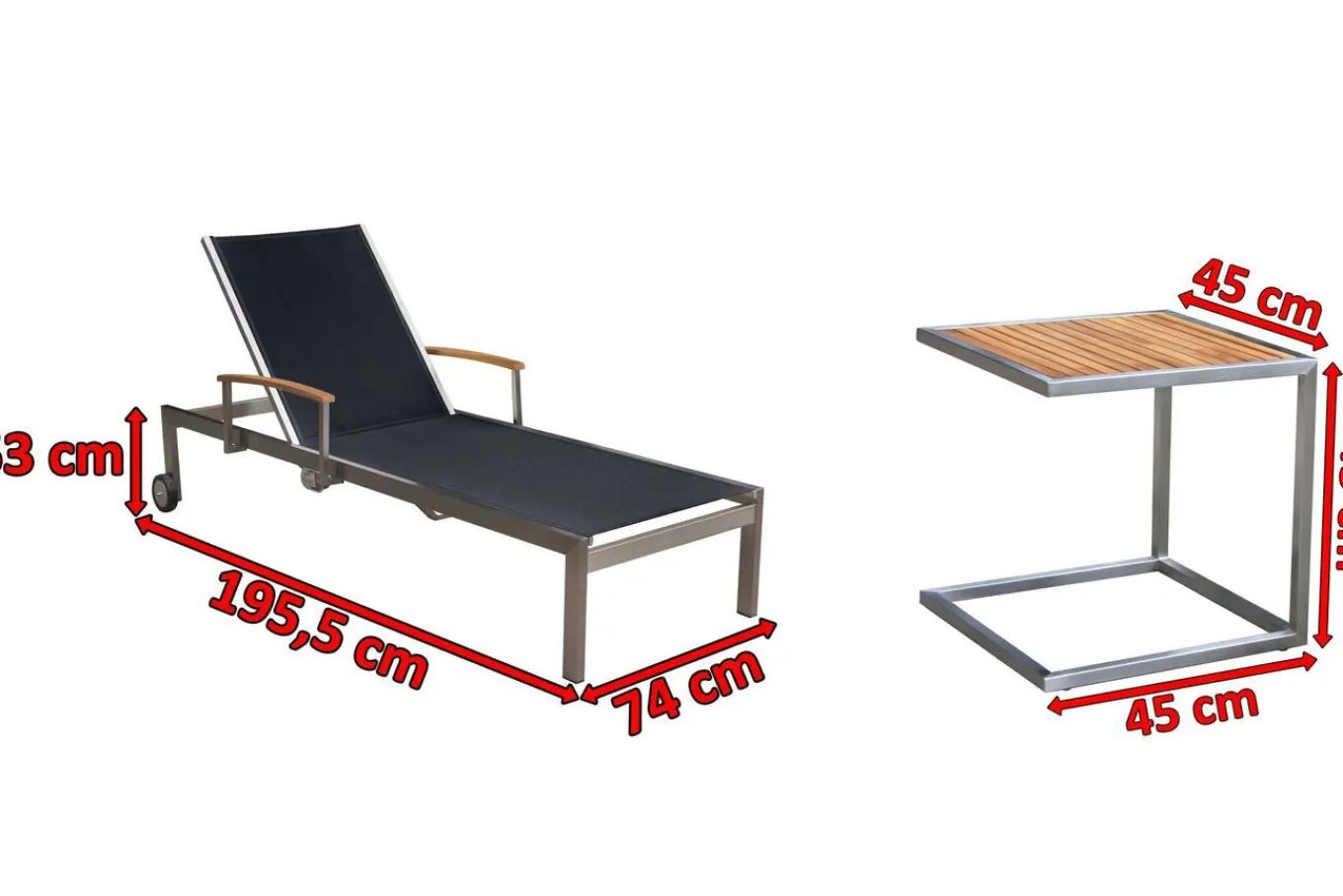New Sonnenliegen-Set, schwarz, Edelstahl/Teak, 195,5x74x35cm, mit Armlehnen, inkl. Beistelltisch 45x45cm, FSC®-zertifiziertes Produkt Edelstahl-Gartenmöbel|Gartenliegen