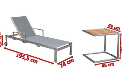 Discount Sonnenliegen-Set, silber, Edelstahl/Teak, 195,5x74x35cm, mit Armlehnen, inkl. Beistelltisch 45x45cm, FSC®-zertifiziertes Produkt Gartenliegen