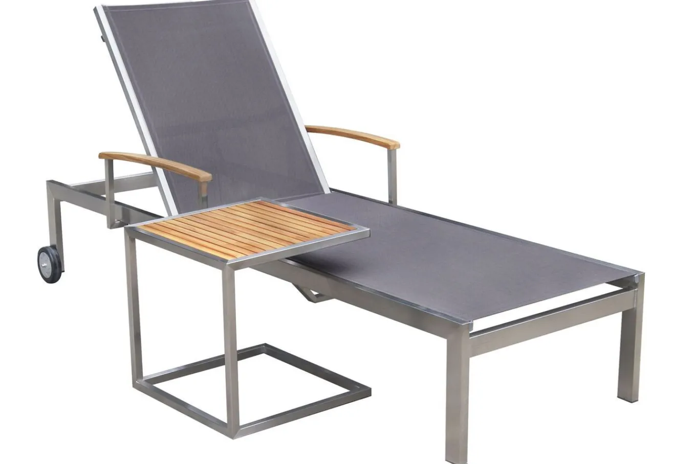 Discount Sonnenliegen-Set, taupe, Edelstahl/Teak, 195,5x74x35cm, mit Armlehnen, inkl. Beistelltisch 45x45cm, FSC®-zertifiziertes Produkt Gartenliegen