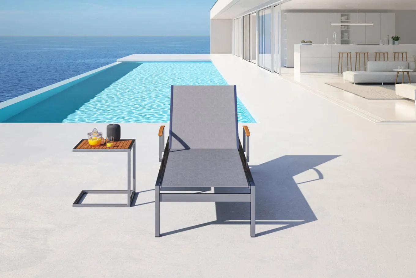 Discount Sonnenliegen-Set, taupe, Edelstahl/Teak, 195,5x74x35cm, mit Armlehnen, inkl. Beistelltisch 45x45cm, FSC®-zertifiziertes Produkt Gartenliegen