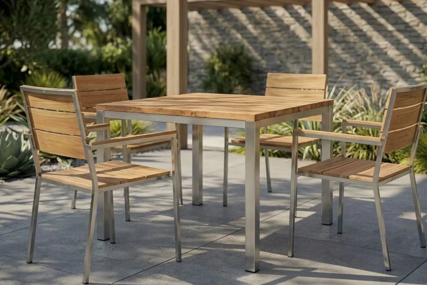 Hot Stapelstuhl, Teakholz/Edelstahl, 57x57x85cm, FSC®-zertifiziertes Produkt Edelstahl-Gartenmöbel|Gartenstühle & Gartensessel