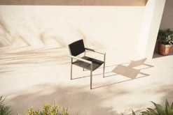 Discount Stuhl, schwarz, Edelstahl/Textilene, padded, Armlehnen aus Teakholz, 62x56,5x86cm Edelstahl-Gartenmöbel|Gartenstühle & Gartensessel