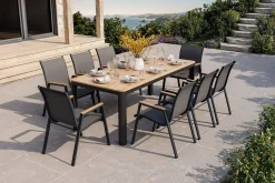New Tallinn Garten-Essgruppe, 8 Personen, Tisch 200x90 cm, Alu/Holzimitat, anthrazit/natur Garten-Essgruppen|Aluminium-Gartenmöbel