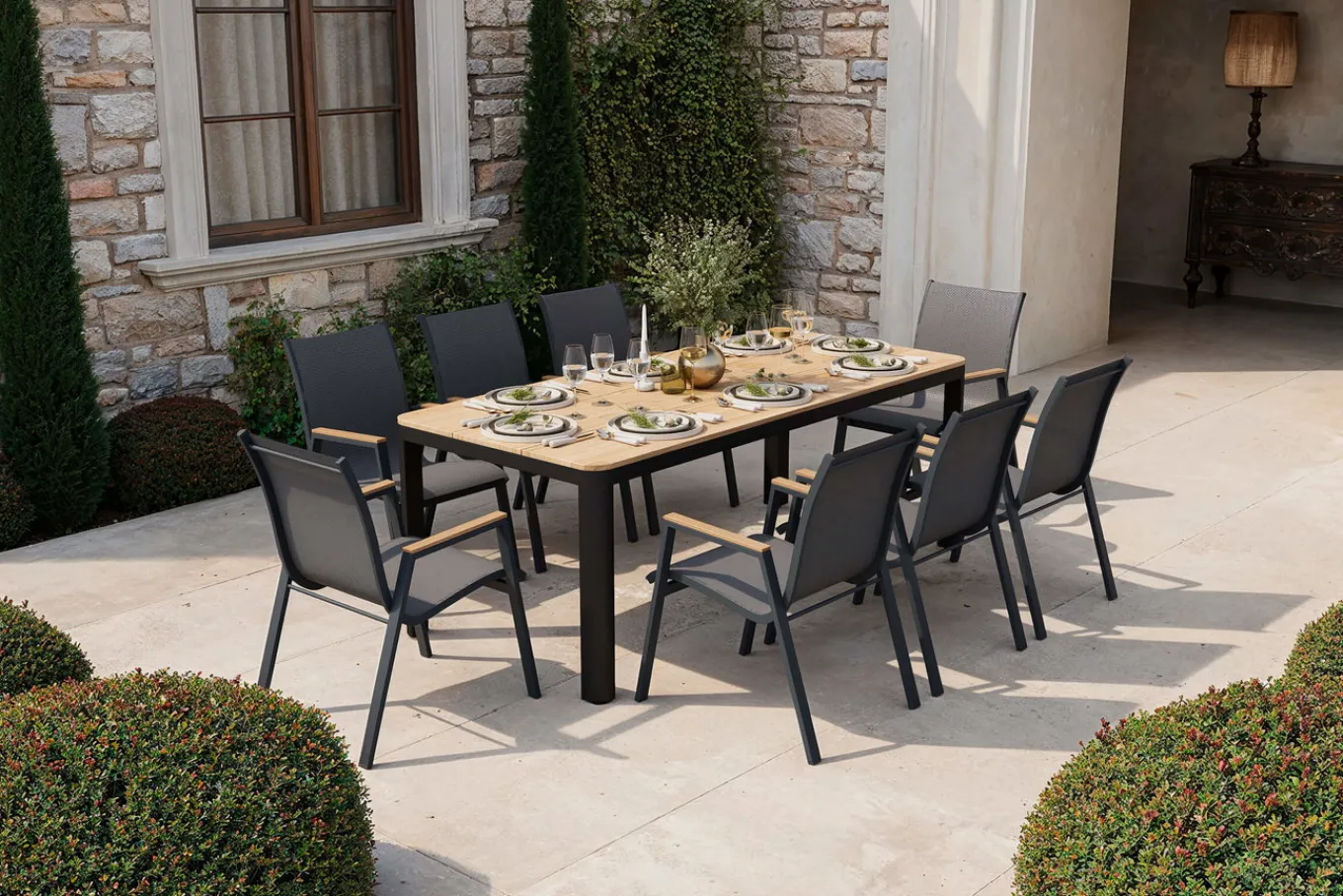 New Tallinn Garten-Essgruppe, 8 Personen, Tisch 200x90 cm, Alu/Holzimitat, anthrazit/natur Garten-Essgruppen|Aluminium-Gartenmöbel