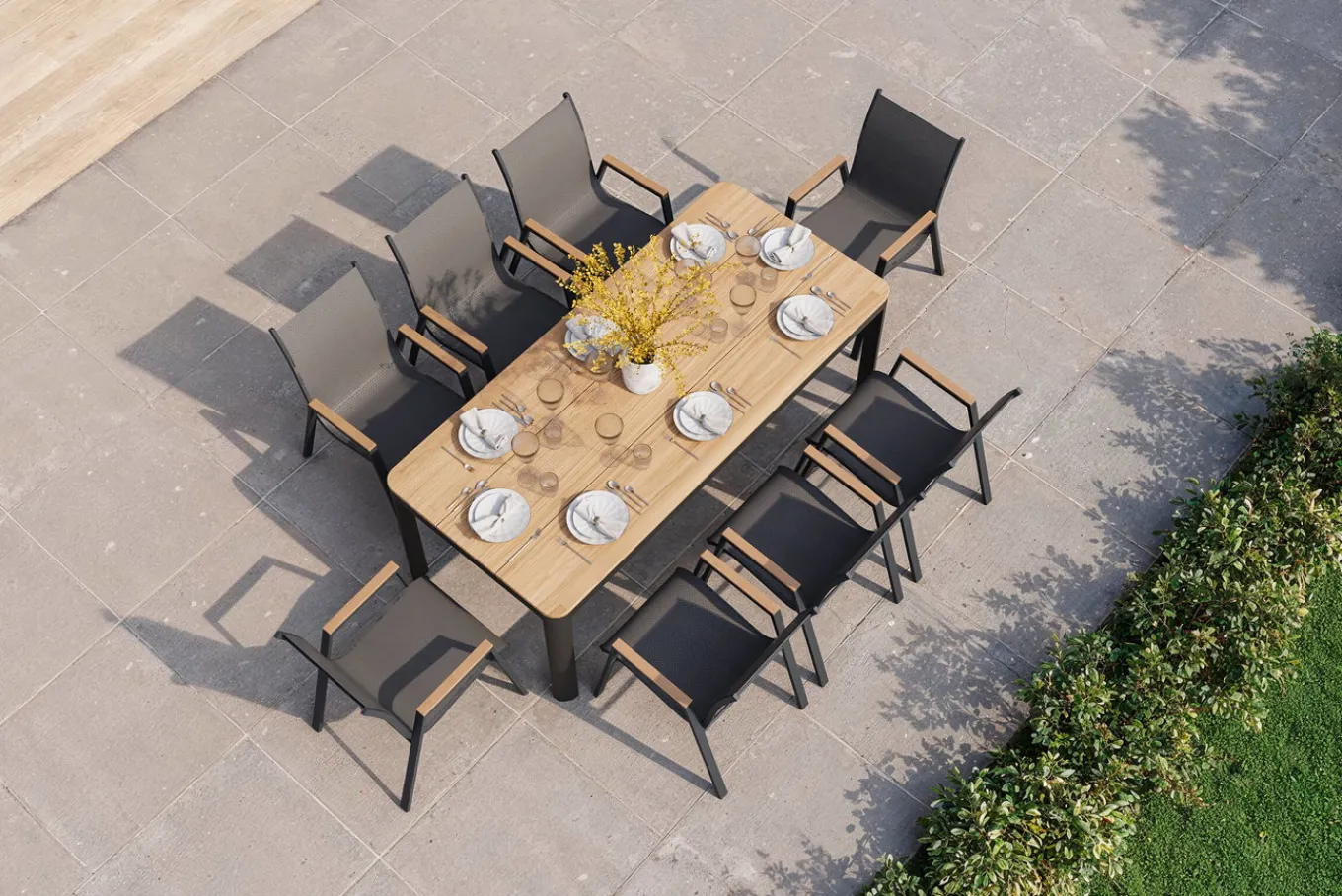 New Tallinn Garten-Essgruppe, 8 Personen, Tisch 200x90 cm, Alu/Holzimitat, anthrazit/natur Garten-Essgruppen|Aluminium-Gartenmöbel