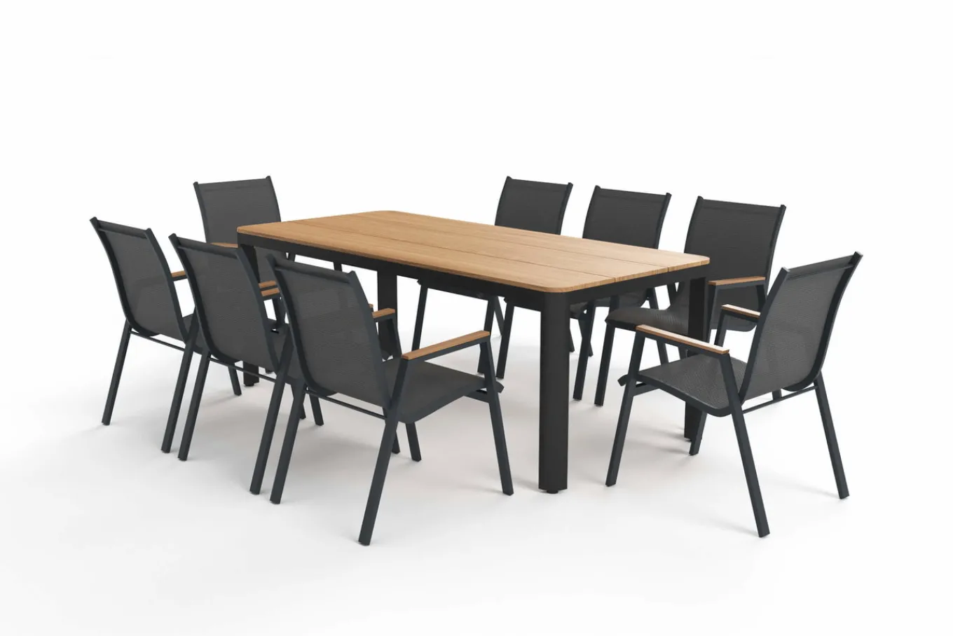 New Tallinn Garten-Essgruppe, 8 Personen, Tisch 200x90 cm, Alu/Holzimitat, anthrazit/natur Garten-Essgruppen|Aluminium-Gartenmöbel