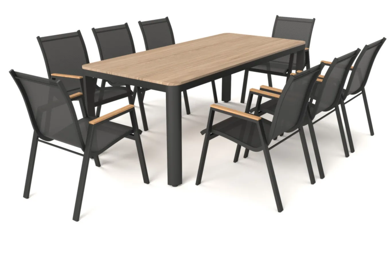 New Tallinn Garten-Essgruppe, 8 Personen, Tisch 200x90 cm, Alu/Holzimitat, anthrazit/natur Garten-Essgruppen|Aluminium-Gartenmöbel