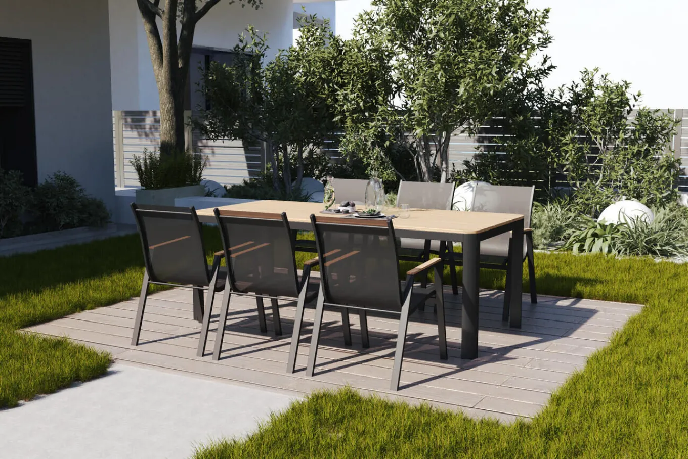 Sale Tallinn Garten-Essgruppe mit 6 Stapelsesseln, anthrazit matt/natur, Alu/Holzimitat, Esstisch 150 x 90 cm Garten-Essgruppen