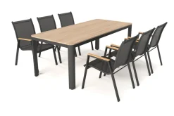 Sale Tallinn Garten-Essgruppe mit 6 Stapelsesseln, anthrazit matt/natur, Alu/Holzimitat, Esstisch 150 x 90 cm Garten-Essgruppen