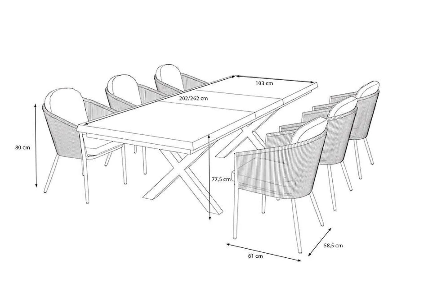 Hot Tavio Garten-Essgruppe schwarz/beige, Alu/Steinimitat/Rope-Geflecht, Tisch 200/260 x 100 cm, 6 Diningsessel, ausziehbar Garten-Essgruppen