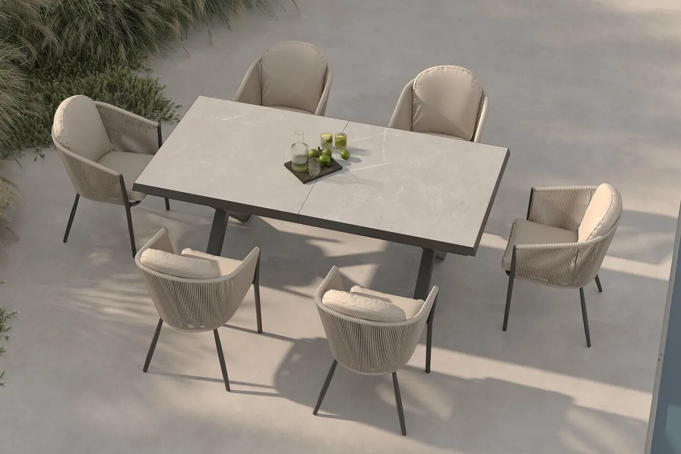 Hot Tavio Garten-Essgruppe schwarz/beige, Alu/Steinimitat/Rope-Geflecht, Tisch 200/260 x 100 cm, 6 Diningsessel, ausziehbar Garten-Essgruppen