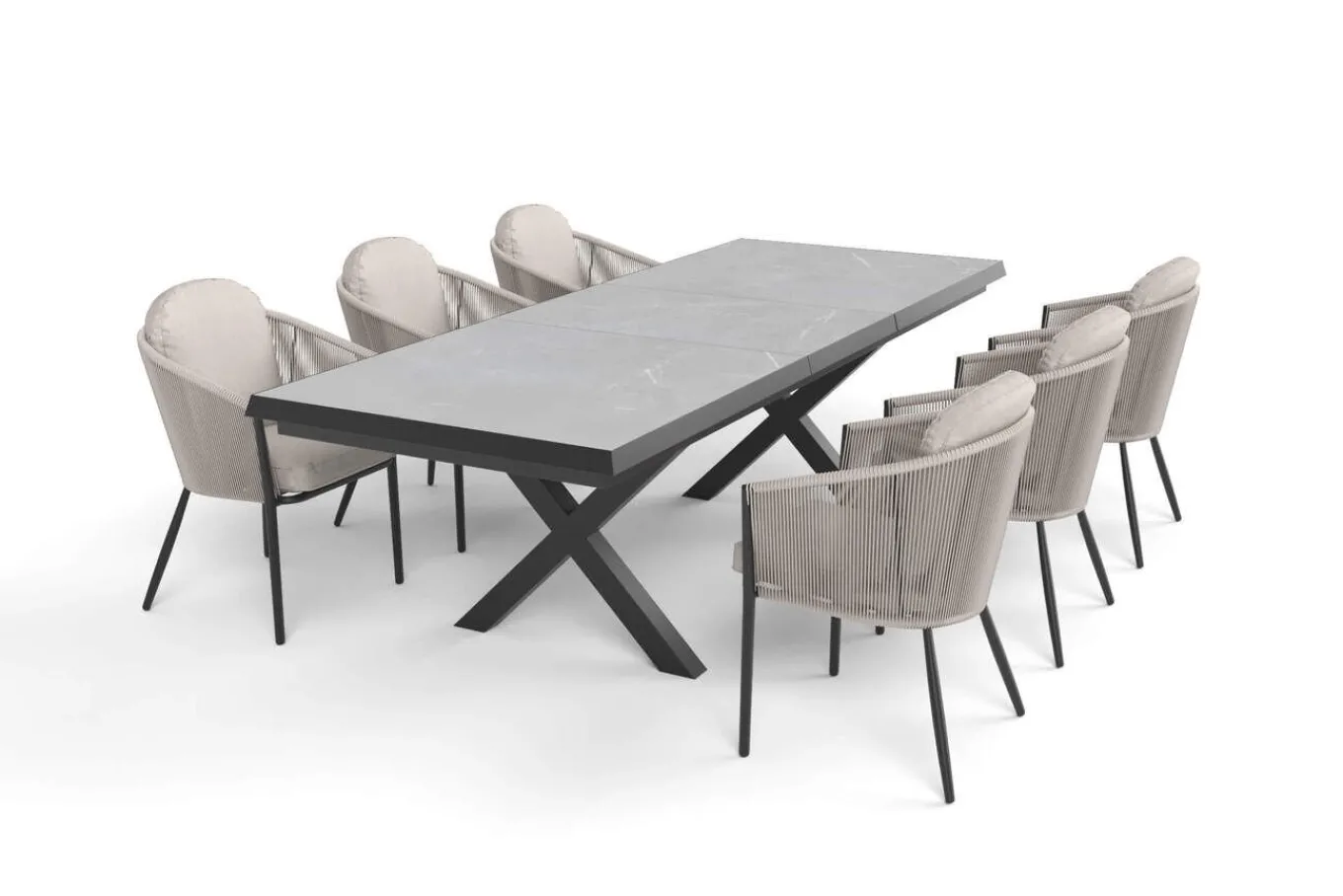 Hot Tavio Garten-Essgruppe schwarz/beige, Alu/Steinimitat/Rope-Geflecht, Tisch 200/260 x 100 cm, 6 Diningsessel, ausziehbar Garten-Essgruppen