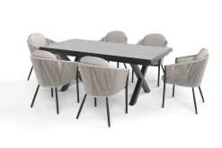Hot Tavio Garten-Essgruppe schwarz/beige, Alu/Steinimitat/Rope-Geflecht, Tisch 200/260 x 100 cm, 6 Diningsessel, ausziehbar Garten-Essgruppen