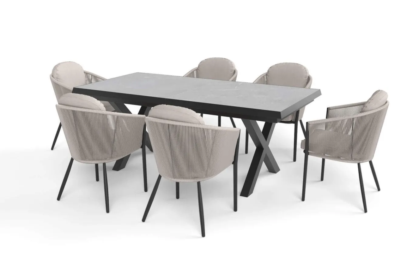 Hot Tavio Garten-Essgruppe schwarz/beige, Alu/Steinimitat/Rope-Geflecht, Tisch 200/260 x 100 cm, 6 Diningsessel, ausziehbar Garten-Essgruppen