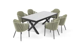 Best Tavio Garten-Essgruppe, schwarz/grün, Alu/Steinimitat/Rope-Geflecht, Tisch 200/260 x 100 cm, ausziehbar, 6 Diningsessel Garten-Essgruppen