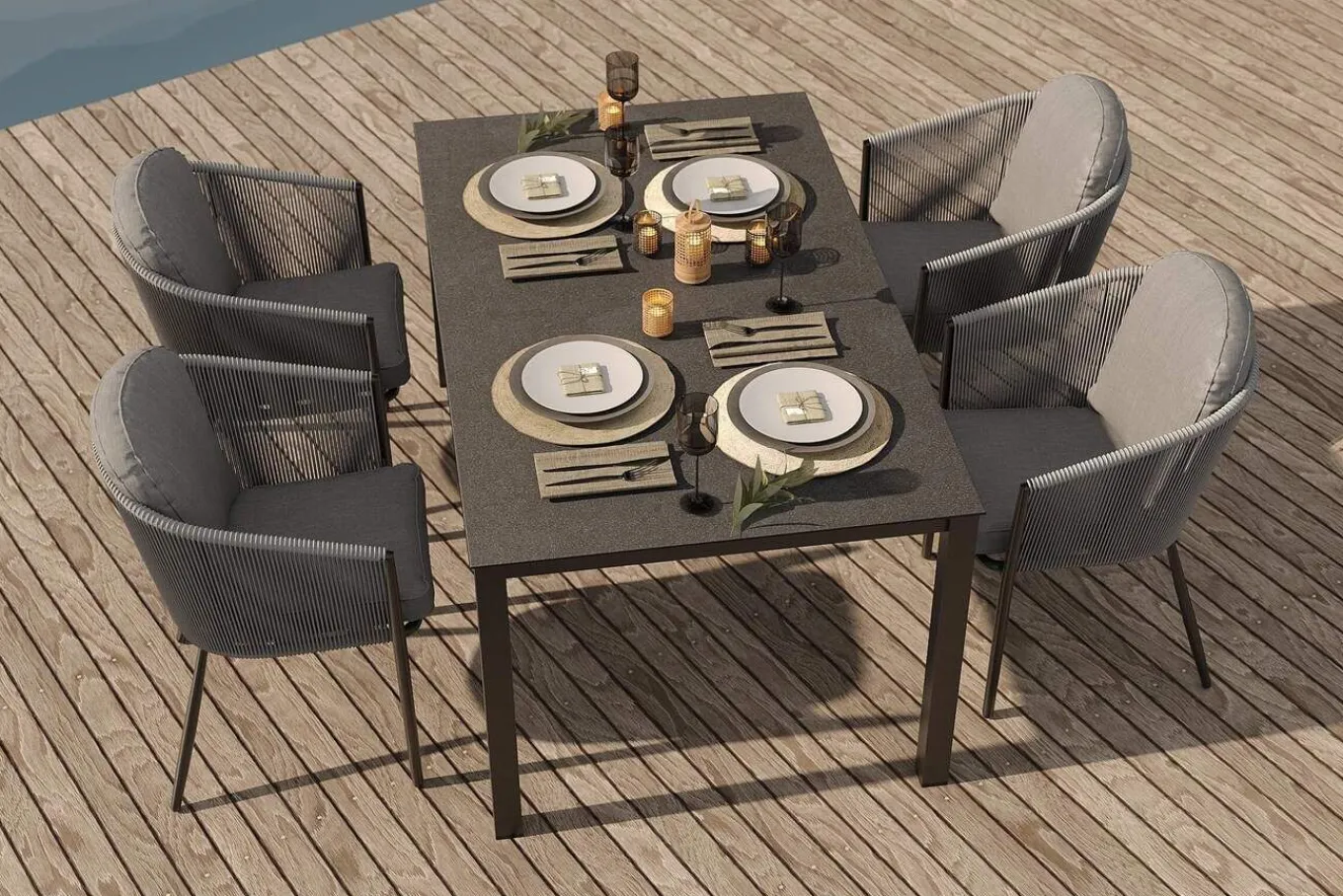 Discount Tavio Garten-Essgruppe, anthrazit matt/dunkelgrau, Alu/Rope-Geflecht/Spraystone, 160 x 95 cm, 4 Diningsessel Garten-Essgruppen