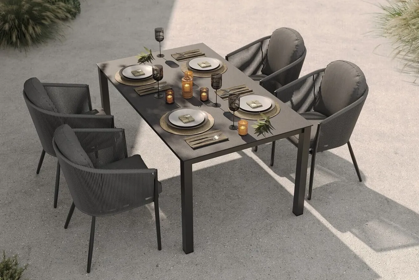 Discount Tavio Garten-Essgruppe, anthrazit matt/dunkelgrau, Alu/Rope-Geflecht/Spraystone, 160 x 95 cm, 4 Diningsessel Garten-Essgruppen