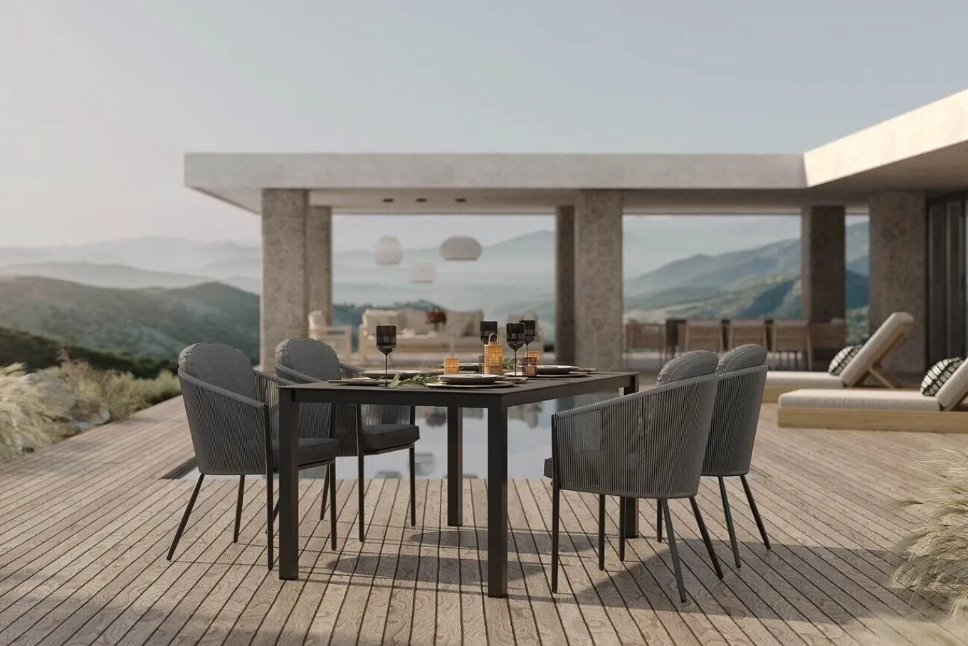 Discount Tavio Garten-Essgruppe, anthrazit matt/dunkelgrau, Alu/Rope-Geflecht/Spraystone, 160 x 95 cm, 4 Diningsessel Garten-Essgruppen
