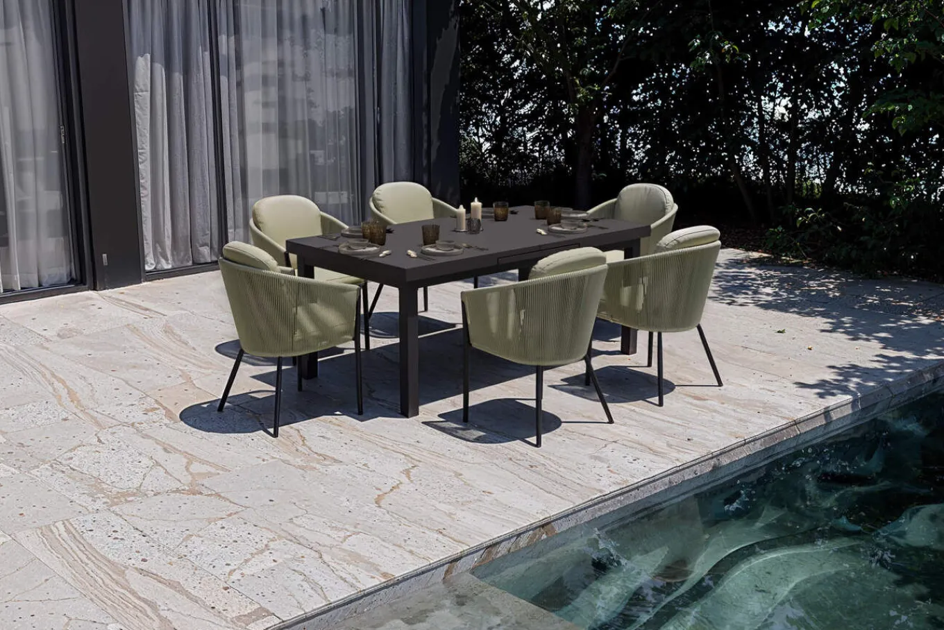 Hot Tavio Garten-Essgruppe, anthrazit matt/grün, Alu/Rope-Geflecht, ausziehbare Tischplatte 180/240 x 100 cm, 6 Diningsessel Garten-Essgruppen
