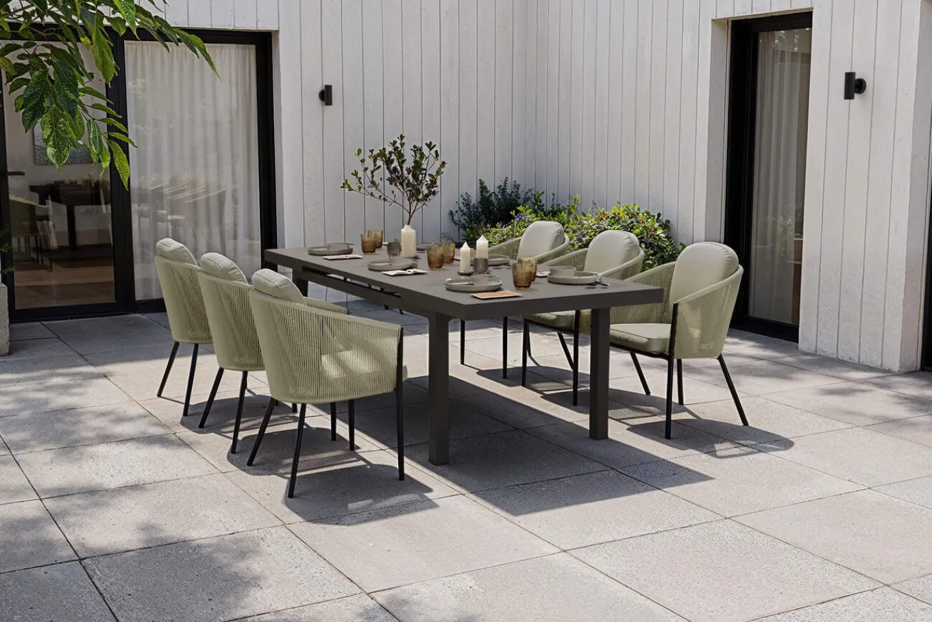 Hot Tavio Garten-Essgruppe, anthrazit matt/grün, Alu/Rope-Geflecht, ausziehbare Tischplatte 180/240 x 100 cm, 6 Diningsessel Garten-Essgruppen