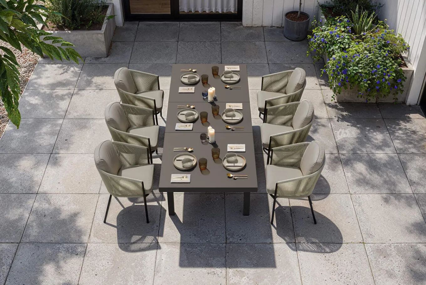 Hot Tavio Garten-Essgruppe, anthrazit matt/grün, Alu/Rope-Geflecht, ausziehbare Tischplatte 180/240 x 100 cm, 6 Diningsessel Garten-Essgruppen