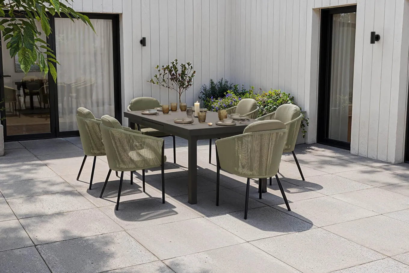 Hot Tavio Garten-Essgruppe, anthrazit matt/grün, Alu/Rope-Geflecht, ausziehbare Tischplatte 180/240 x 100 cm, 6 Diningsessel Garten-Essgruppen