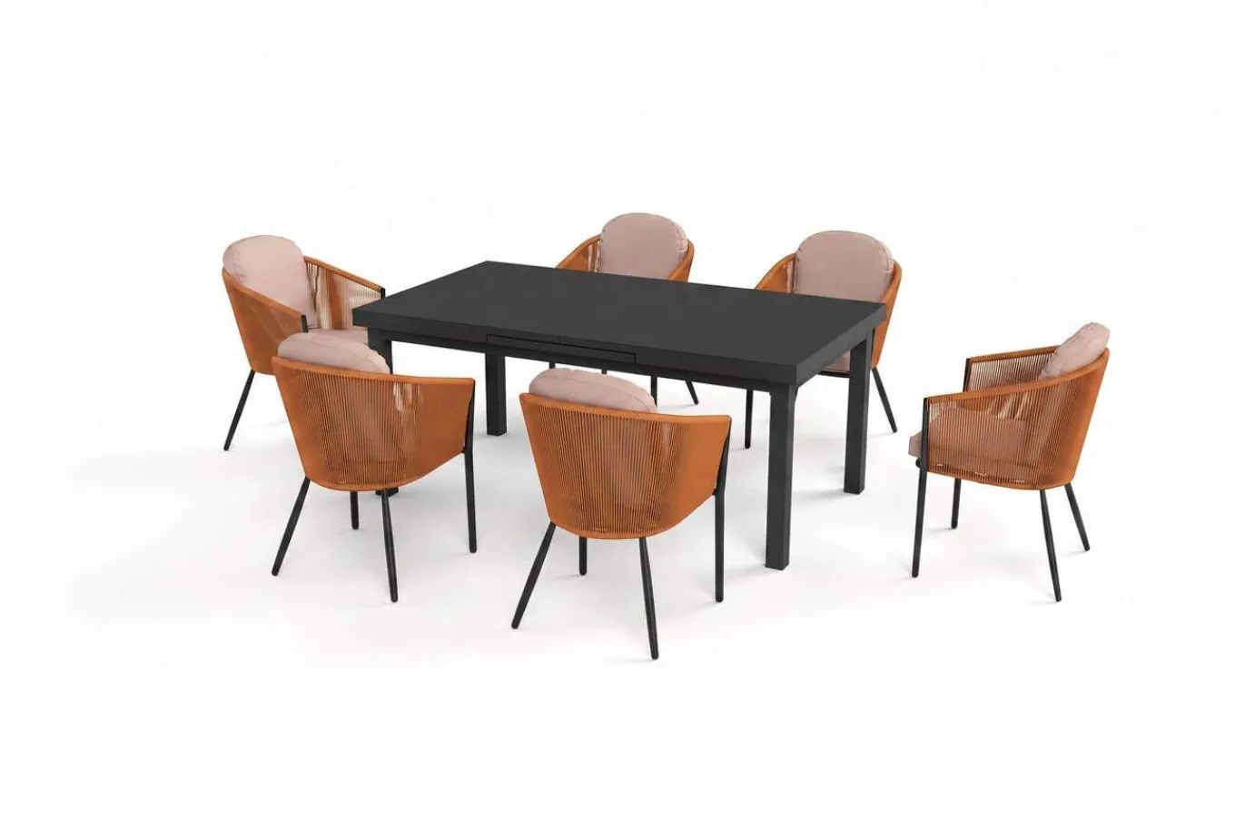 Outlet Tavio Garten-Essgruppe, anthrazit/orange, Alu/Rope-Geflecht, ausziehbare Tischplatte 180/240 x 100 cm, 6 Diningsessel Garten-Essgruppen