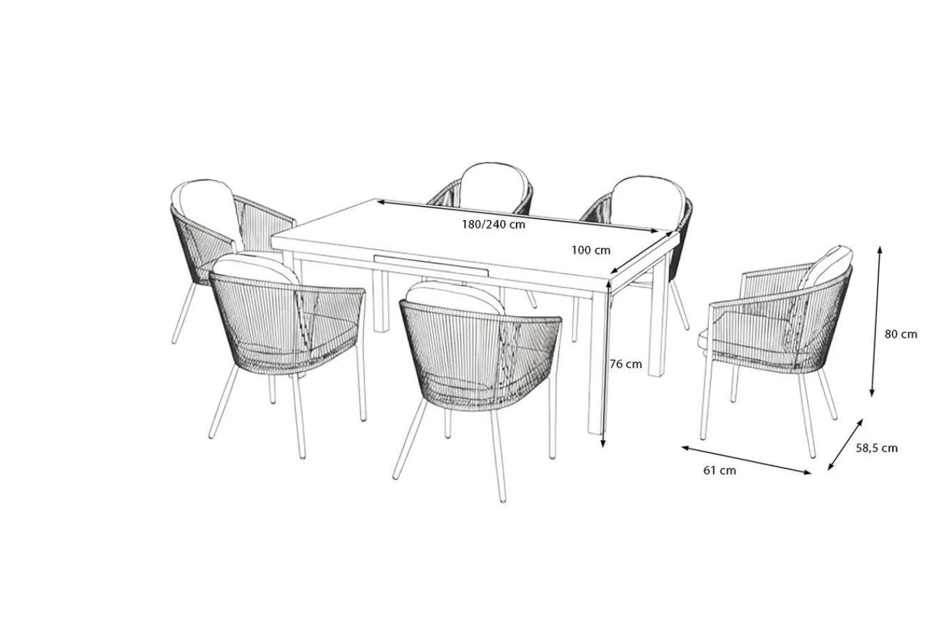 Outlet Tavio Garten-Essgruppe, anthrazit/orange, Alu/Rope-Geflecht, ausziehbare Tischplatte 180/240 x 100 cm, 6 Diningsessel Garten-Essgruppen