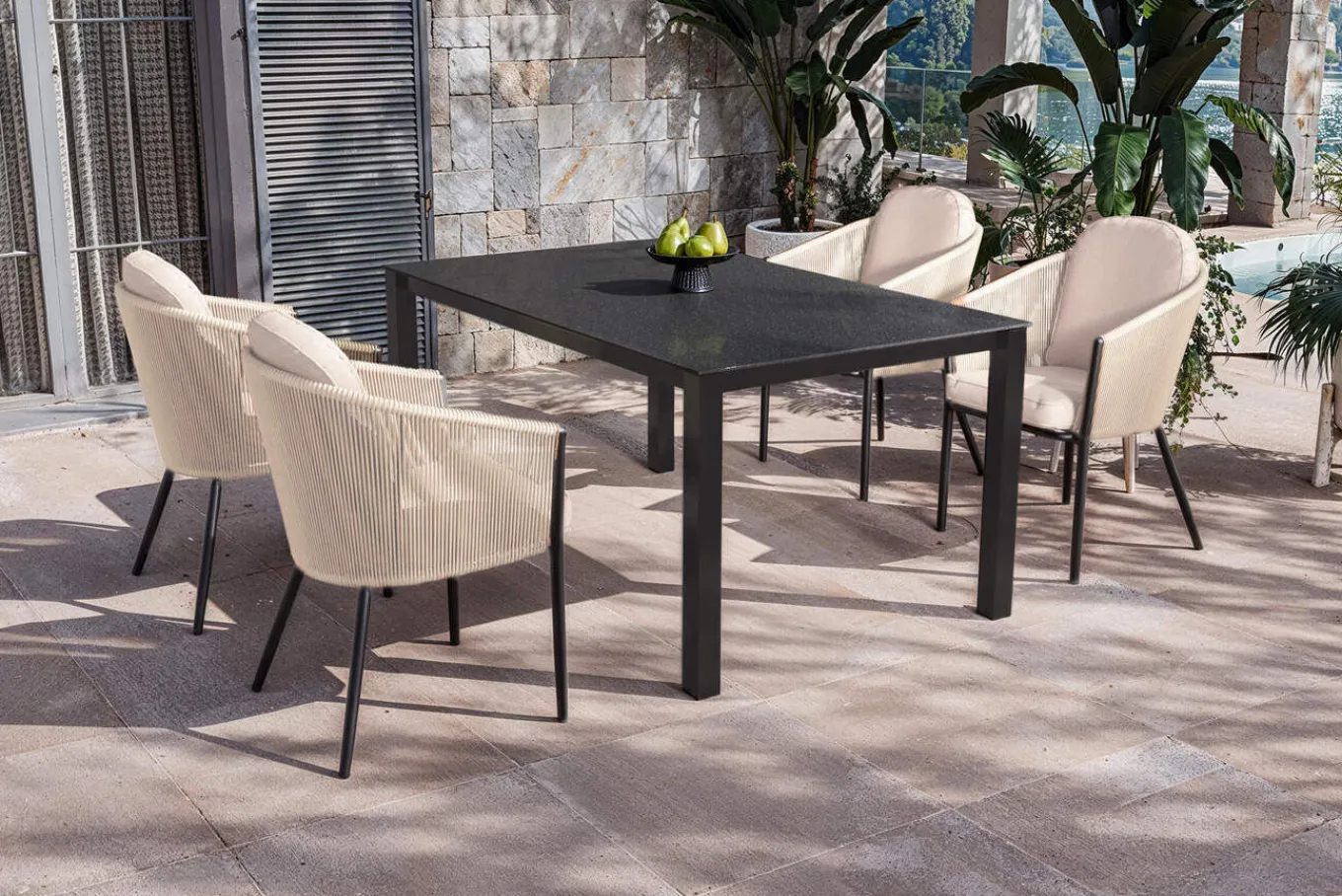 Hot Tavio Garten-Essgruppe, anthrazit matt/beige, Alu/Rope/Spraystone, 160 x 95 cm, 4 Diningsessel Garten-Essgruppen