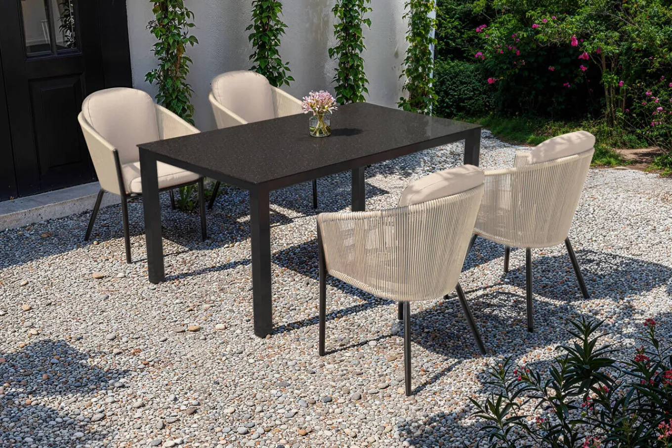 Hot Tavio Garten-Essgruppe, anthrazit matt/beige, Alu/Rope/Spraystone, 160 x 95 cm, 4 Diningsessel Garten-Essgruppen