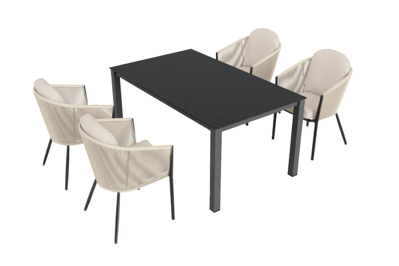 Hot Tavio Garten-Essgruppe, anthrazit matt/beige, Alu/Rope/Spraystone, 160 x 95 cm, 4 Diningsessel Garten-Essgruppen
