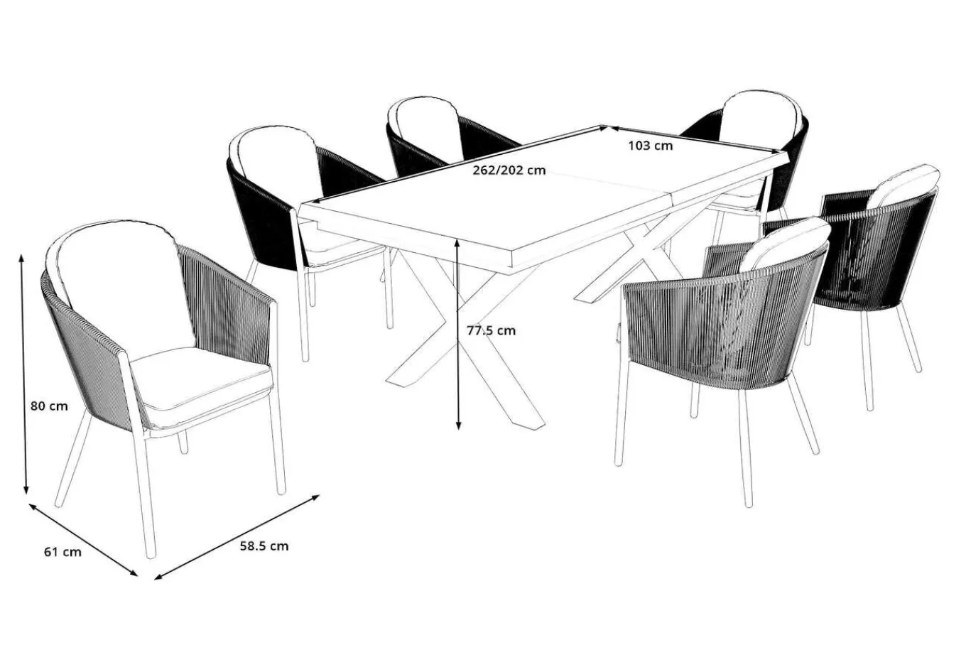 Discount Tavio Garten-Essgruppe, schwarz/orange, Alu/Rope-Geflecht, Tisch 200/260 x 100 cm, 6 Diningsessel, ausziehbar Garten-Essgruppen