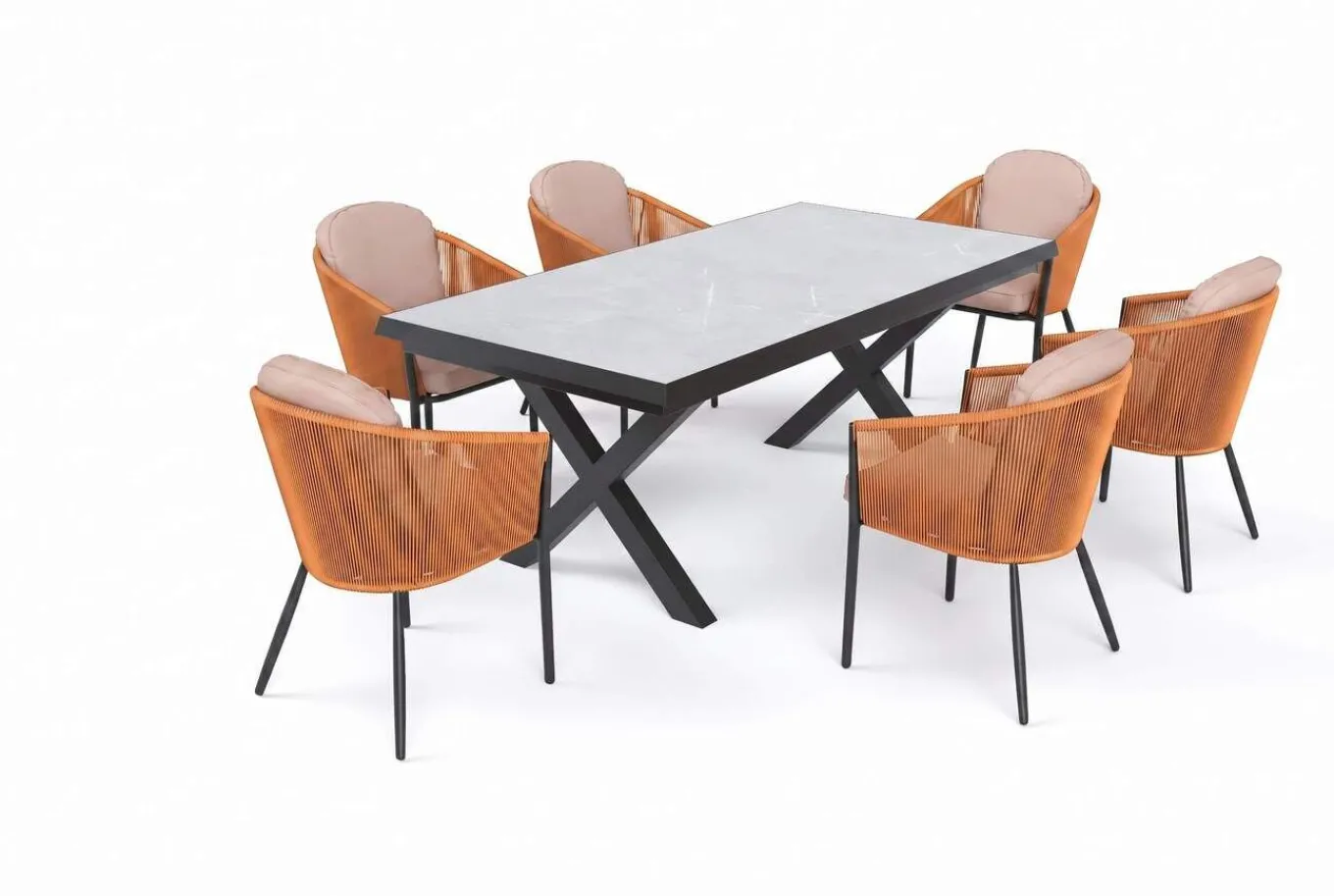 Discount Tavio Garten-Essgruppe, schwarz/orange, Alu/Rope-Geflecht, Tisch 200/260 x 100 cm, 6 Diningsessel, ausziehbar Garten-Essgruppen