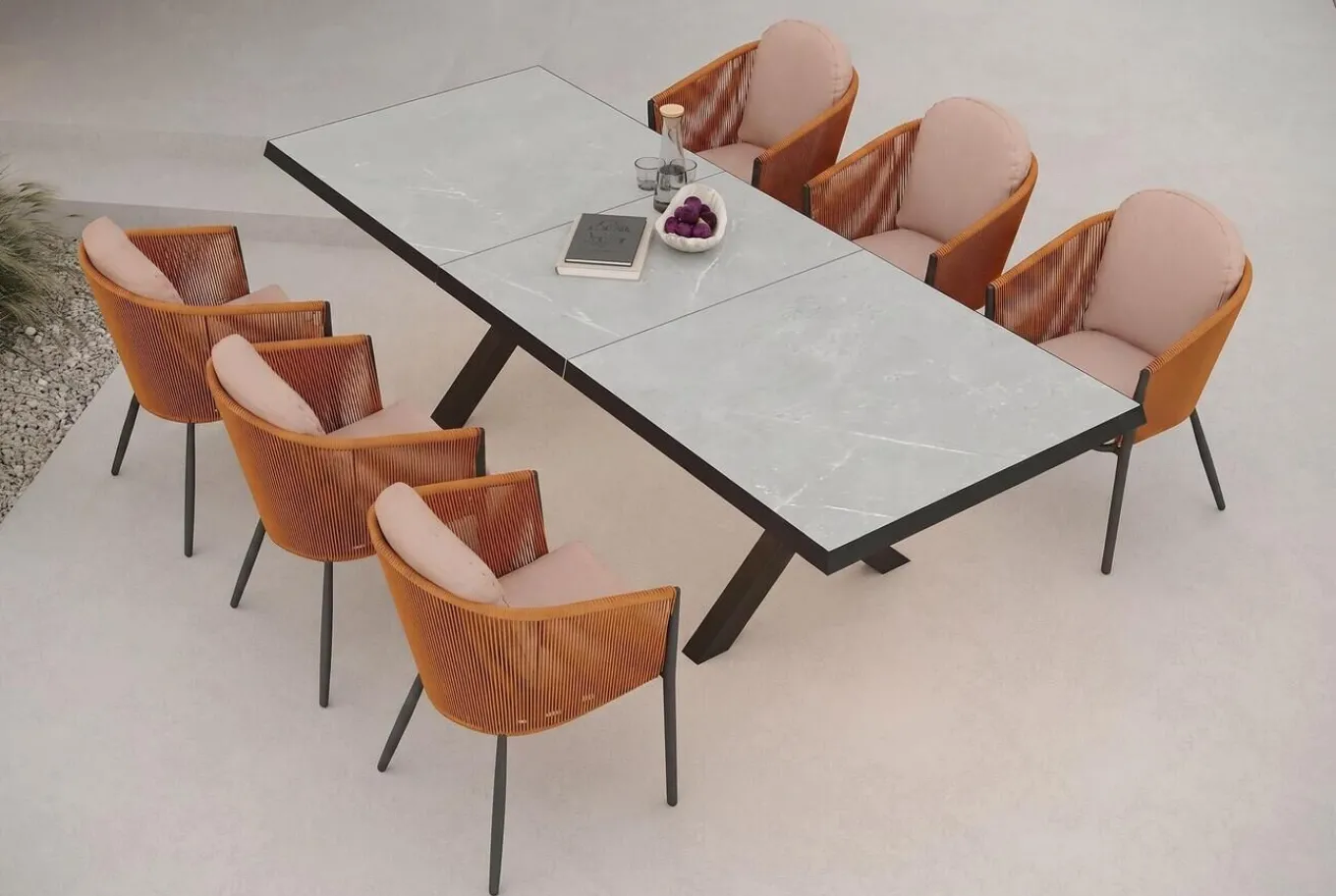 Discount Tavio Garten-Essgruppe, schwarz/orange, Alu/Rope-Geflecht, Tisch 200/260 x 100 cm, 6 Diningsessel, ausziehbar Garten-Essgruppen