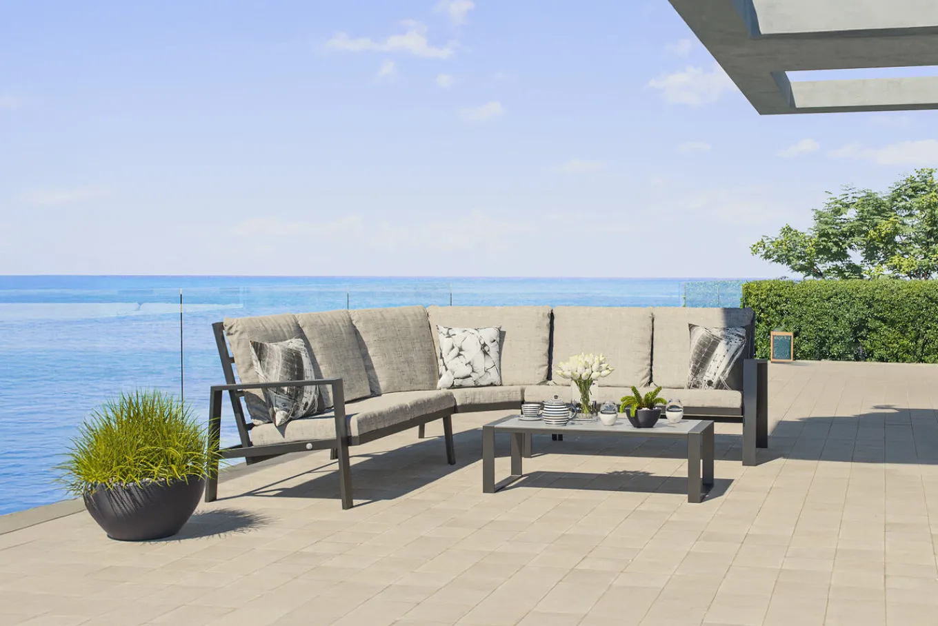 Online Theia L Gartenlounge für 5 Personen, anthrazit/grau meliert, Alu/Polyester, Tischplatte aus Milchglas, pulverbeschichtet Gartenlounge|Aluminium-Gartenmöbel