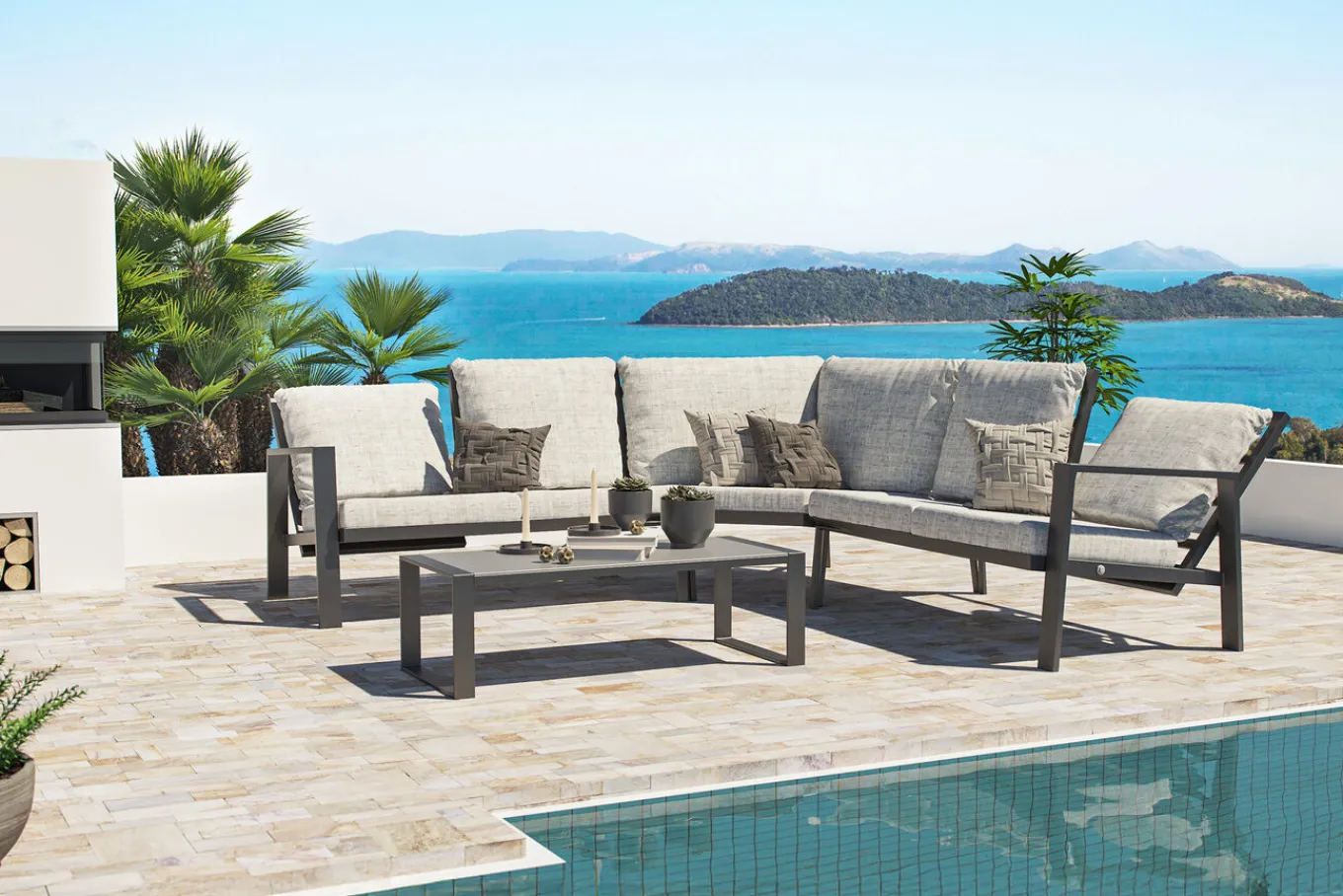 Online Theia L Gartenlounge für 5 Personen, anthrazit/grau meliert, Alu/Polyester, Tischplatte aus Milchglas, pulverbeschichtet Gartenlounge|Aluminium-Gartenmöbel