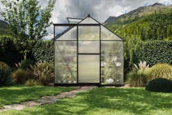 Discount Verde Basic Gewächshaus, schwarzer Rahmen, Aluminium/Polycarbonat, 130x183x190 cm, pulverbeschichtet, UV-geschützt, mit Schiebetür Gewächshaus|Aluminium-Gartenmöbel