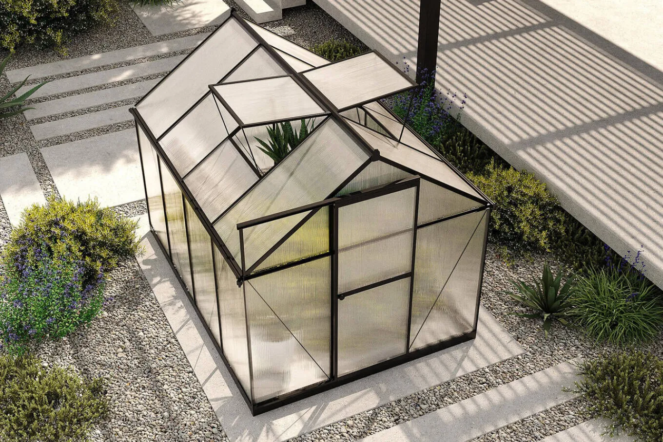 Clearance Verde Basic Gewächshaus, schwarzer Rahmen, Aluminium pulverbeschichtet mit Polycarbonat-Doppelstegplatten, 245 x 183 x 190 cm, UV-beständig, inkl. Schiebetür Gewächshaus|Aluminium-Gartenmöbel