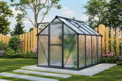 Clearance Verde Basic Gewächshaus, schwarzer Rahmen, Aluminium pulverbeschichtet mit Polycarbonat-Doppelstegplatten, 245 x 183 x 190 cm, UV-beständig, inkl. Schiebetür Gewächshaus|Aluminium-Gartenmöbel