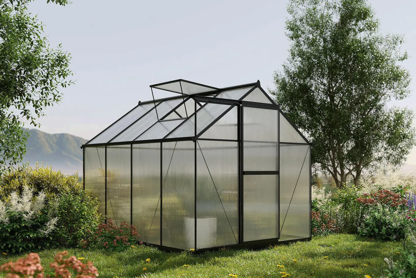 Clearance Verde Basic Gewächshaus, schwarzer Rahmen, Aluminium pulverbeschichtet mit Polycarbonat-Doppelstegplatten, 245 x 183 x 190 cm, UV-beständig, inkl. Schiebetür Gewächshaus|Aluminium-Gartenmöbel