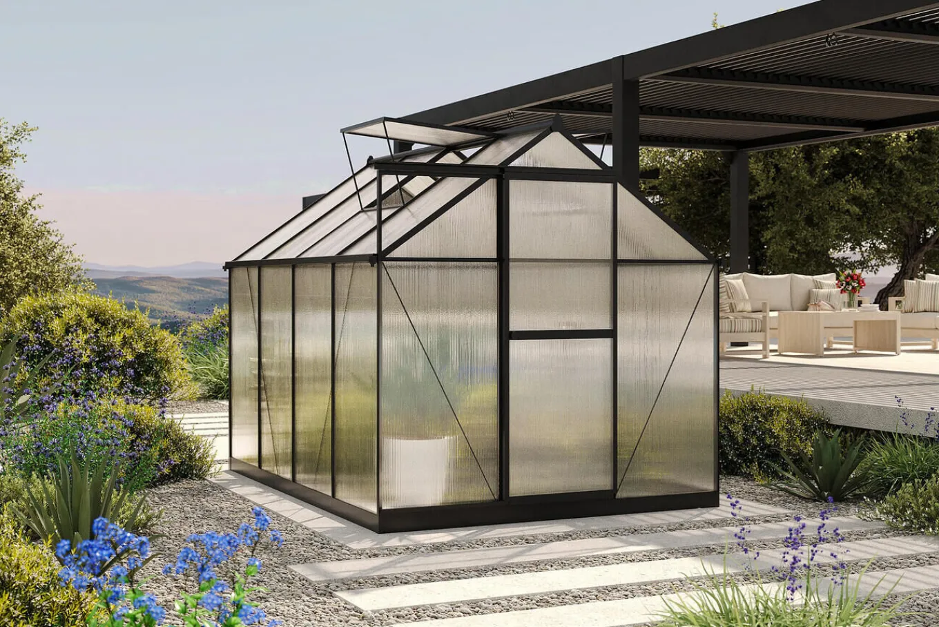 Clearance Verde Basic Gewächshaus, schwarzer Rahmen, Aluminium pulverbeschichtet mit Polycarbonat-Doppelstegplatten, 245 x 183 x 190 cm, UV-beständig, inkl. Schiebetür Gewächshaus|Aluminium-Gartenmöbel