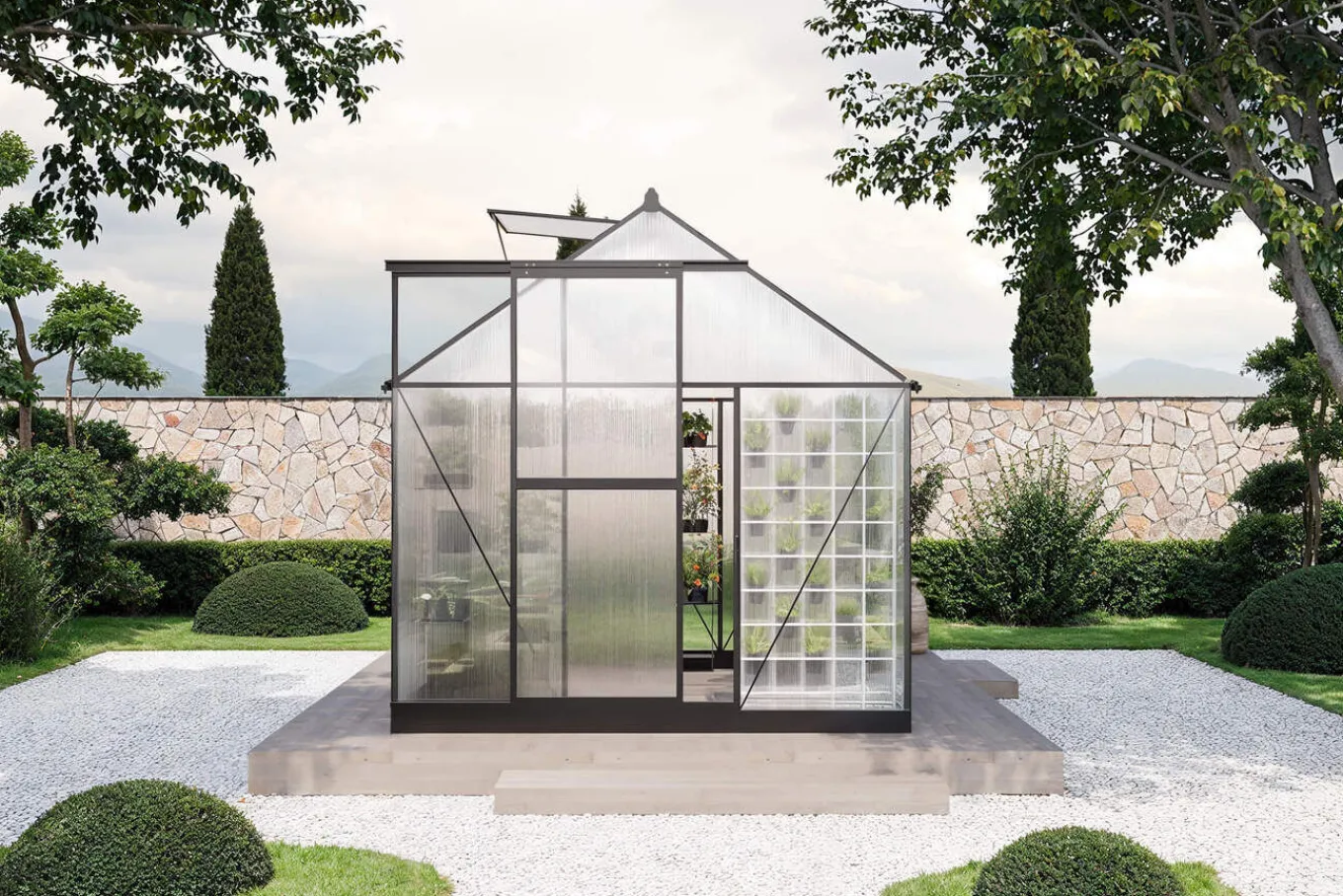 Sale Verde Basic Gewächshaus, schwarzer Rahmen, Aluminium pulverbeschichtet mit Polycarbonat-Doppelstegplatten 4 mm, 187 x 183 x 190 cm, UV-geschützt und wetterfest Gewächshaus|Aluminium-Gartenmöbel